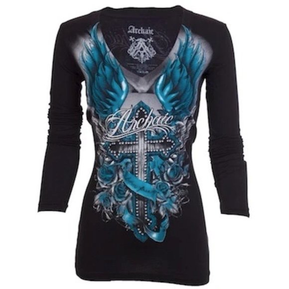 Archaic Affliction Women's T-Shirt Long Sleeve ROSEMARY Tattoo Biker Black Teal - Picture 2 of 7